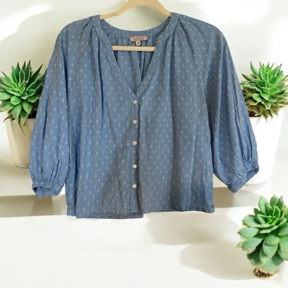 Badgley Mischka Blouse Blue M Womens Button‎ Front Clip Dot 3/4 Sleeve 8BRL0270